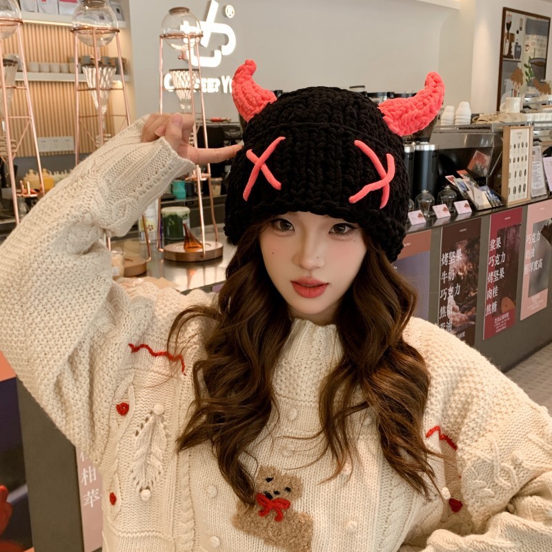 新款牛角恶魔套帽子女秋冬甜酷手工编织加厚保暖毛线帽显脸小冷帽|undefined