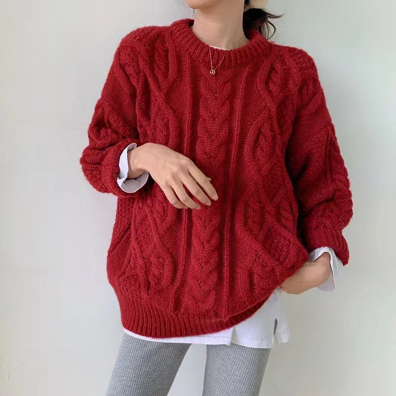 Vintage Hong Kong Style Red Twist Coarse Wool Loose Lazy Style Big Sweater Women's New Year Knitted Round Neck Pullover Outer Wear