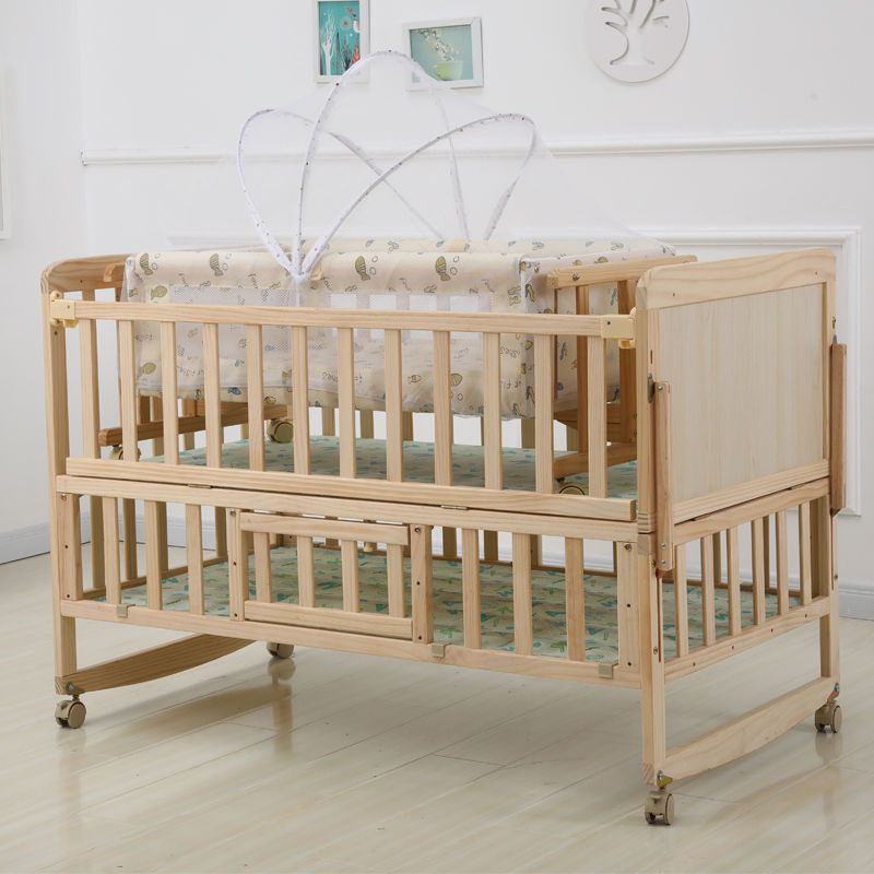 Solid Wood Crib Cradle Bed Bb Bed Baby Bed Small Cradle I-Shaped Cradle with Mosquito Net Parallel Rocking with Mosquito Net