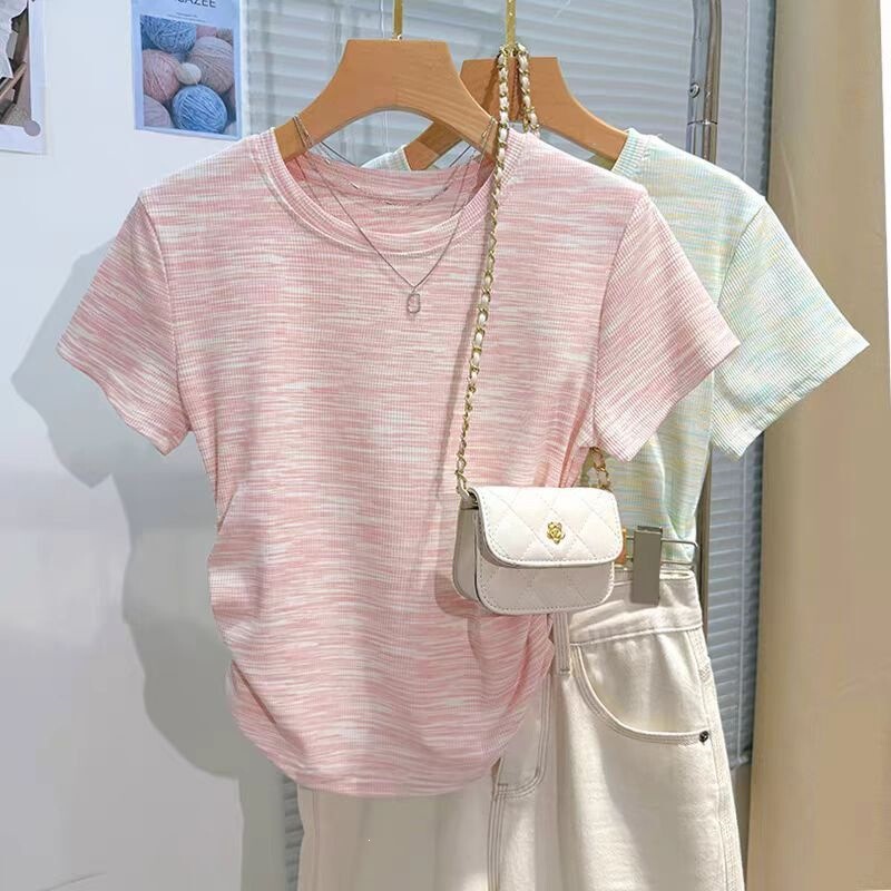 Rainbow Striped Short-Sleeve T-Shirt for Women, Summer Style, Petite Size, Regular Shoulder, Short Half-Sleeve, Irregular Design, Waist-Cinching Top, Trendy Rainbow Striped Short-Sleeve T-Shirt for Women, Summer Style, Petite Size, Regular Shoulder, Short Half-Sleeve, Irregular Design, Waist-Cinching Top, Trendy