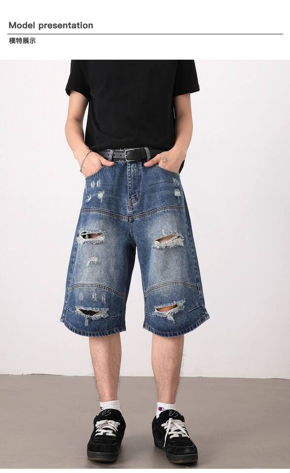 Quần short jean nam dáng rộng phong cách retro, rách giặt mài, lửng ống đứng — Màu xanh dương chi tiết 9