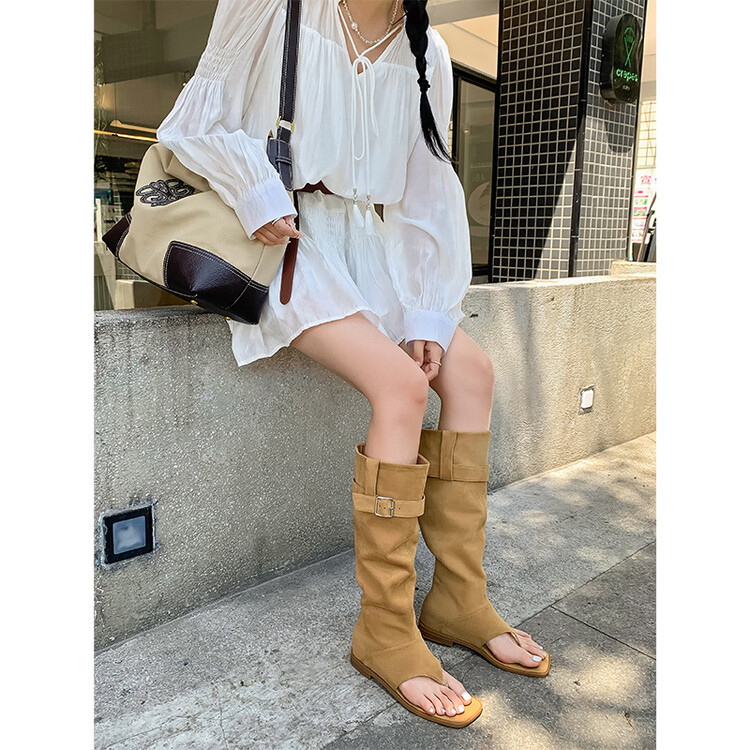 Boot nữ cổ cao ôm bắp chân da thật phong cách miền Tây — mơ, nâu chi tiết 45