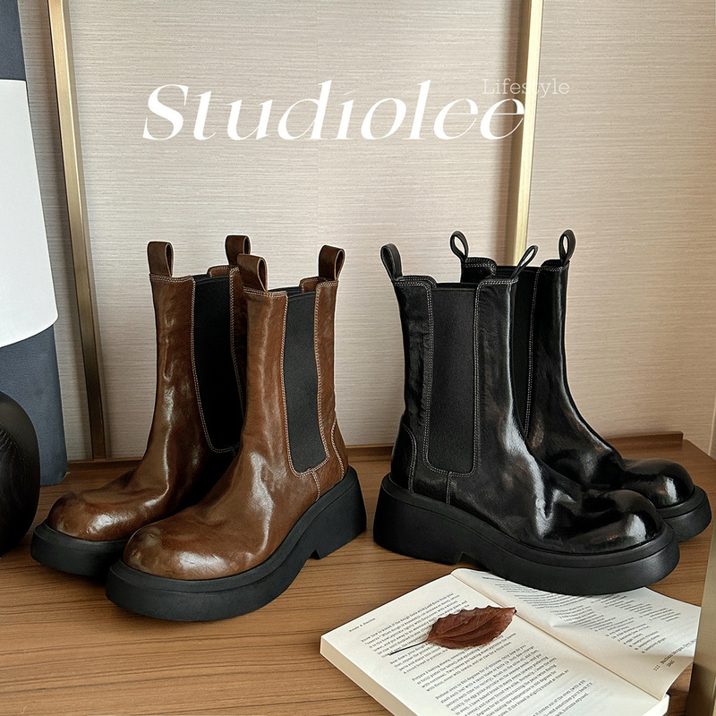 Grape Mom Same Style Genuine Leather 6cm Thick-soled Chelsea Ankle Boots Autumn and Winter New Mid-length Boots British Smoke Barrel Martin Boots