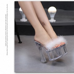 34-43碼 水晶坡跟拖鞋18mm女夏防水台防滑厚底性感百搭超高跟涼拖