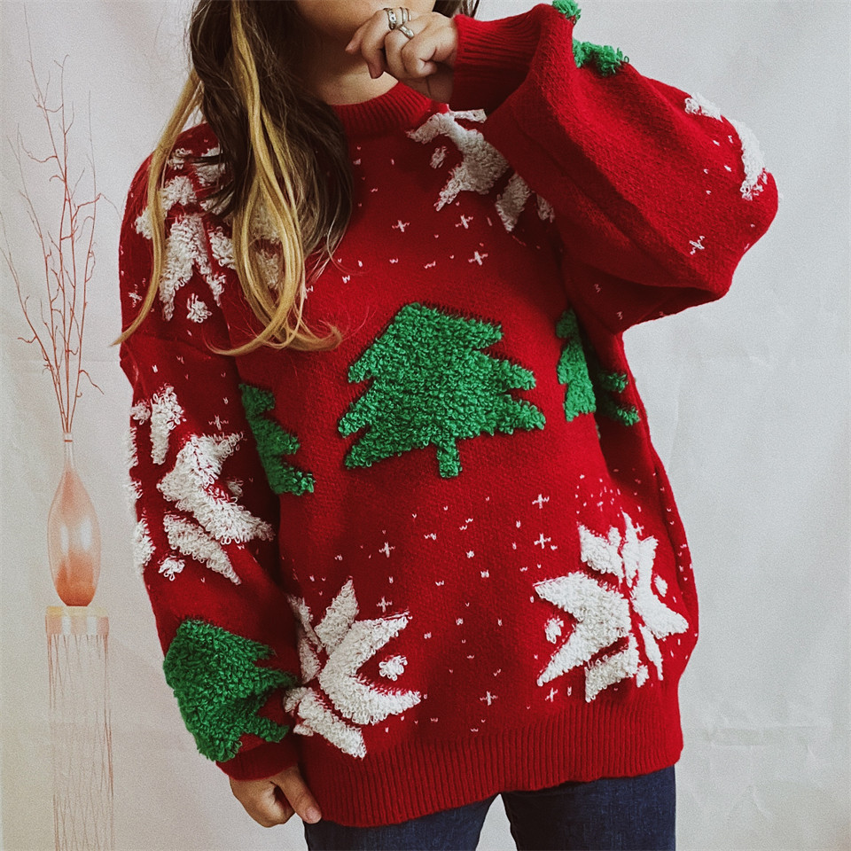 546g Weight Long Sleeve Sleeve Length Pullovers Placket Type knit Fabric Type Long Top Length Sweater Tops Type Christmas Occasion Round Neck Neckline Loose Fit Type Christmas Festival Christmas Tree Pattern Autumn&Winter Season Women's Gender Jacquard Design Streetwear Style Jacquard Craft Wholesale Women's Knit Streetwear Christmas Tree Long Sleeve Jacquard Sweaters & Cardigans 2