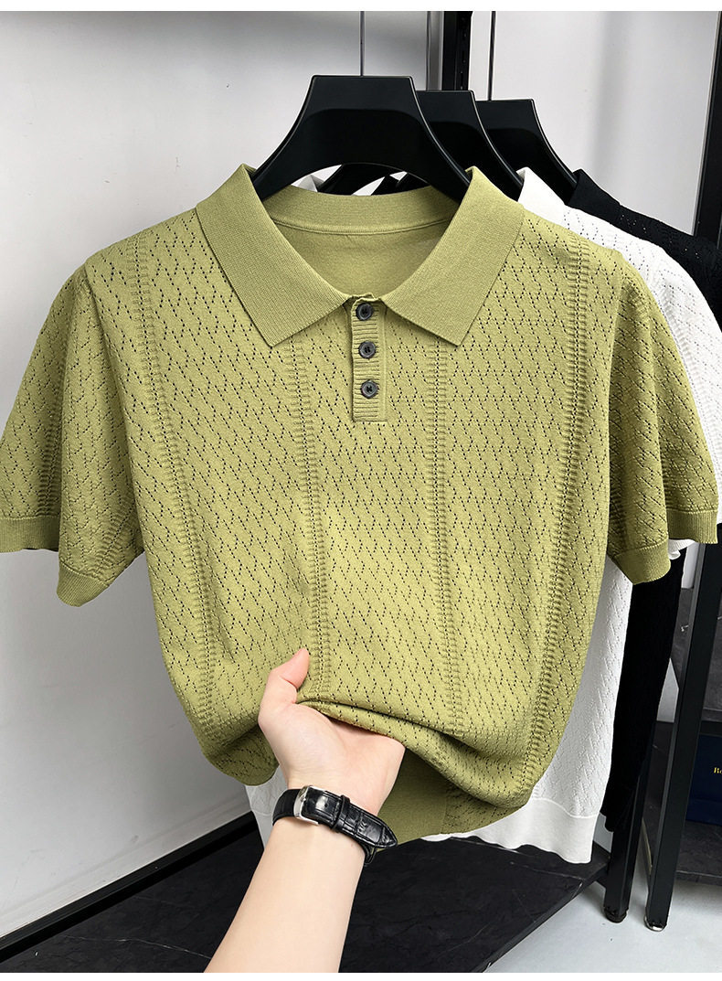 Men's Summer Cool Hollow Out Design Polo Shirt Luxury Style Elegant Retro Short Sleeve T-Shirt For Casual Wear_viptrois.com