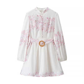 跨境外贸2026春季新款欧美风时尚女装印花立领配腰带长袖连衣裙