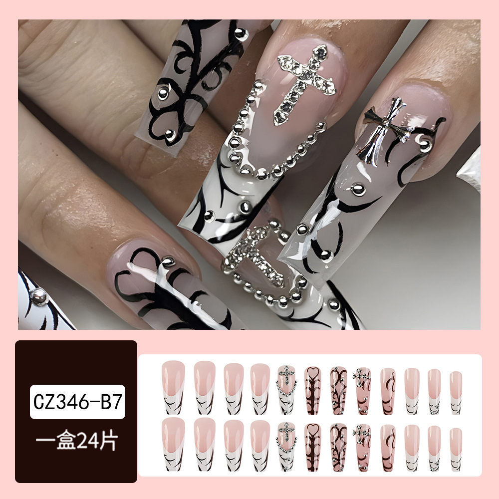 Uñas postizas de moda transfronterizas, diseño negro francés, uñas a presión para arte de uñas