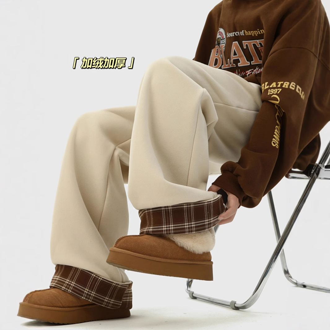 日系复古格子裤子男冬季美式hiphop宽松阔腿加绒加厚休闲百搭卫裤
