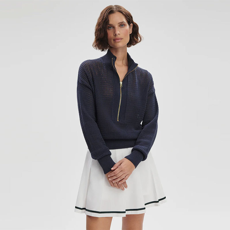 Cross-border European and American independent station women's clothing, tennis-style stand-up collar top, new spring/summer half-zip hollow knit thin sweater Cross-border European and American independent station women's clothing, tennis-style stand-up collar top, new spring/summer half-zip hollow knit thin sweater