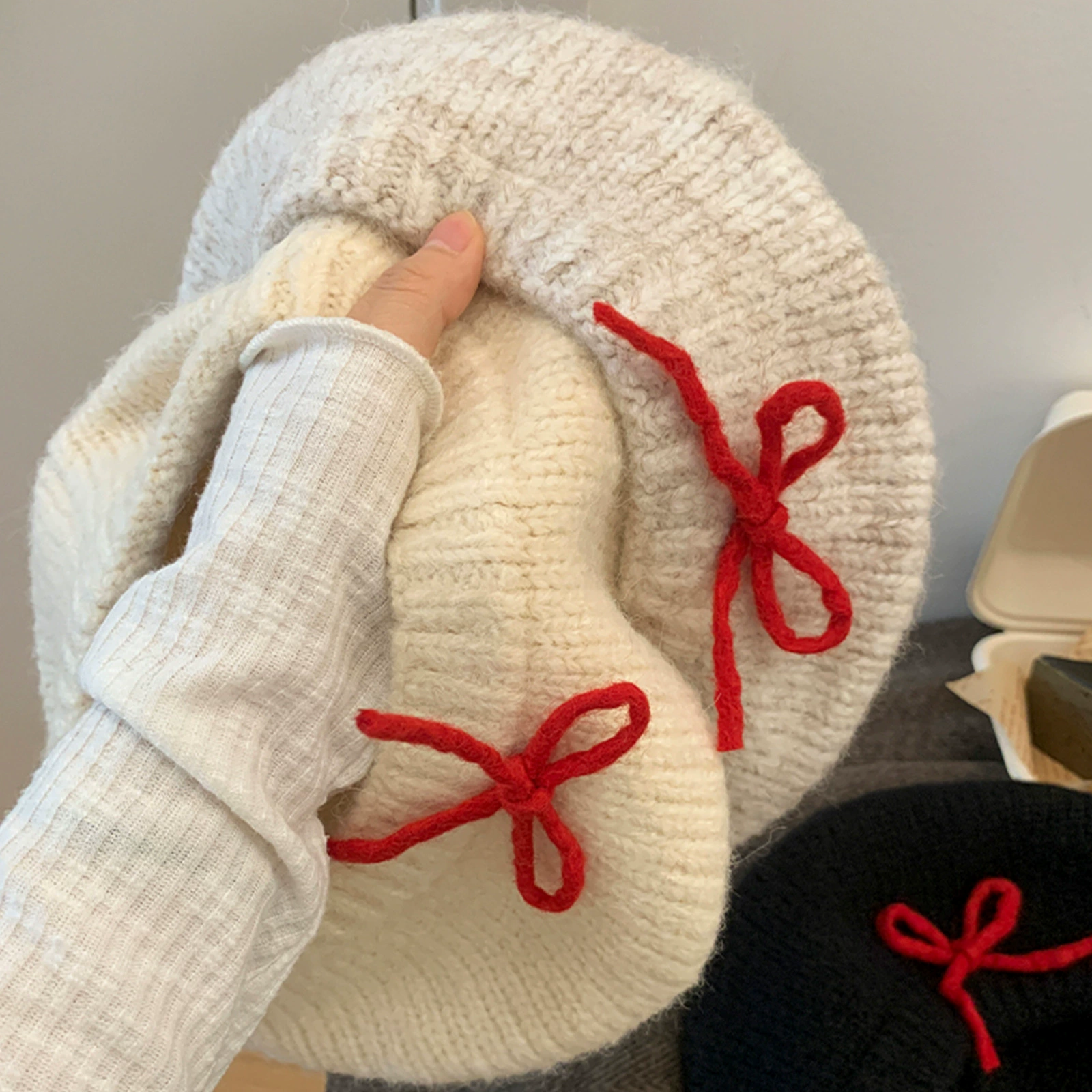 Woolen knitted demi-season keep warm beret with bow, hat, Korean style