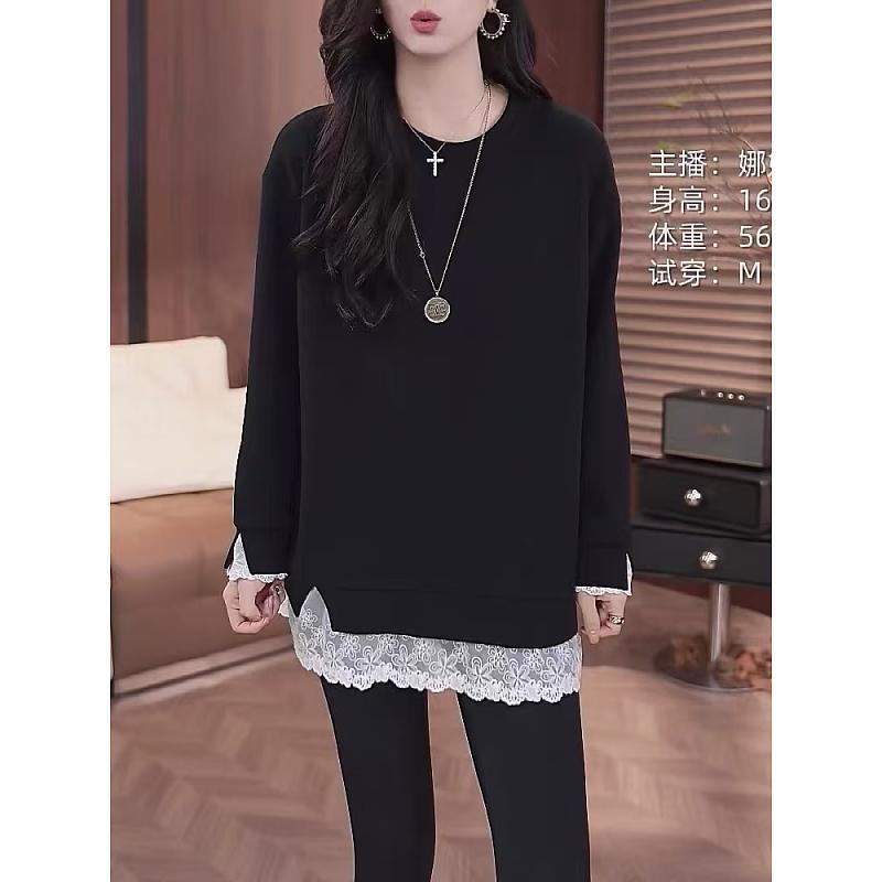 Lace Splicing Fake Two-Piece Bottoming Shirt Spring Long-Sleeved Sweatshirt Plus Size Women's Fat mm Belly-Covering Slimming Look Loose Top