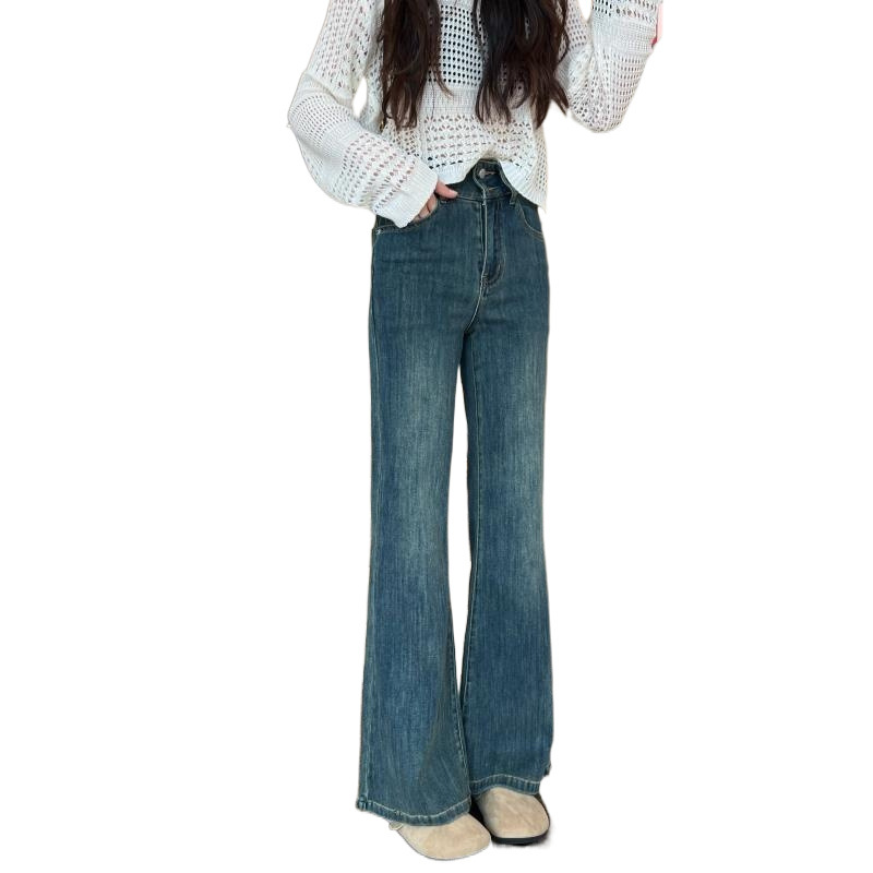 아메리칸 스타일 레트로 블루 씻은 마이크로 라 청바지 여성의 가을과 겨울 짧은 높은 허리 스트레이트 말굽 긴 바지