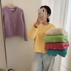 韩版小个子温柔风软糯毛衣开衫女秋冬纯色百搭金扣针织衫外套上衣