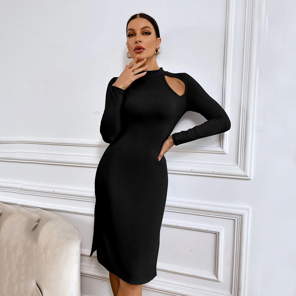 solid color slit hollow waist knitted sheath dress NSYSQ136405