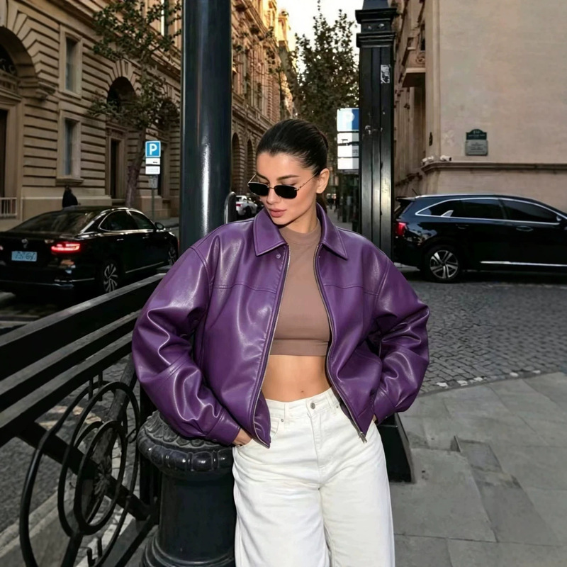 2026 Autumn New European and American Style High-End Melard Solid Color Fashionable Versatile Faux Leather Bomber Jacket 2026 Autumn New European and American Style High-End Melard Solid Color Fashionable Versatile Faux Leather Bomber Jacket