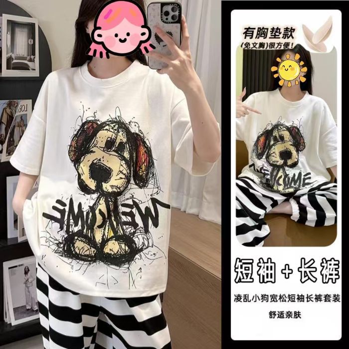 Estilo explosivo transfronterizo al por mayor pijamas con almohadillas para el pecho, pantalones de manga corta para mujer, pintura al óleo de verano, servicio a domicilio, traje de algodón de nube, uso externo