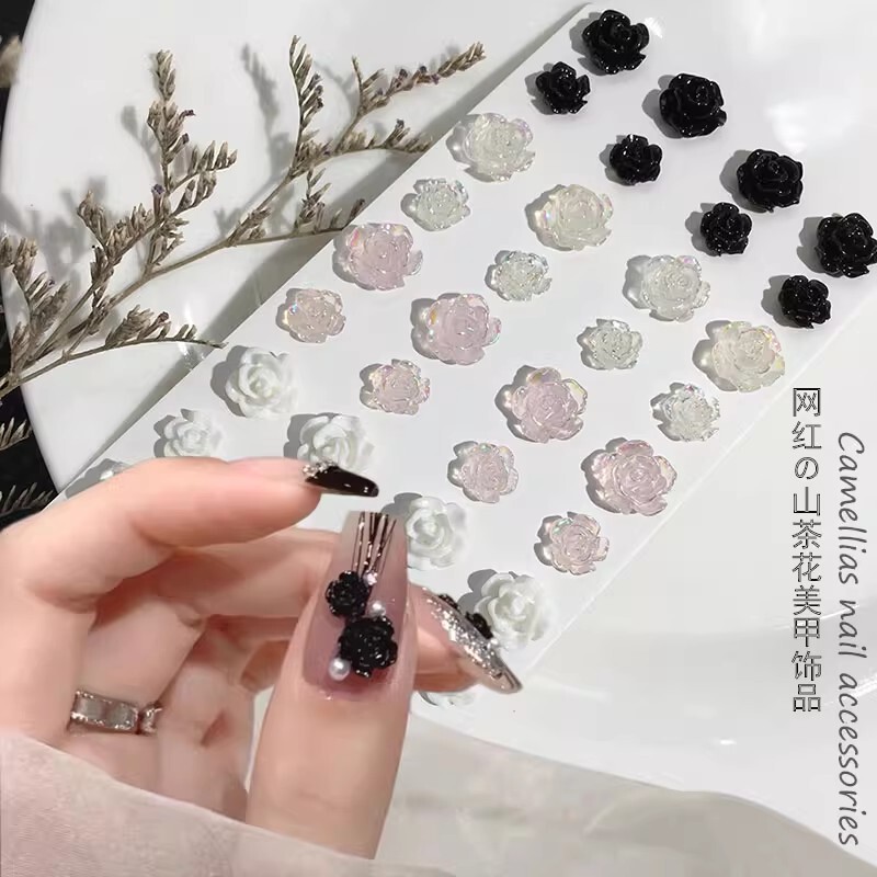 Camellia Nail Art Accessories Ice Transparent Aurora Rose Black and White Three-Dimensional Small Flower Nail Drill Wearable Nail Material Pack