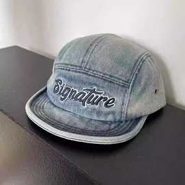 美式复古短檐工装棒球帽子女夏季街头刺绣字母水洗牛仔布鸭舌帽潮