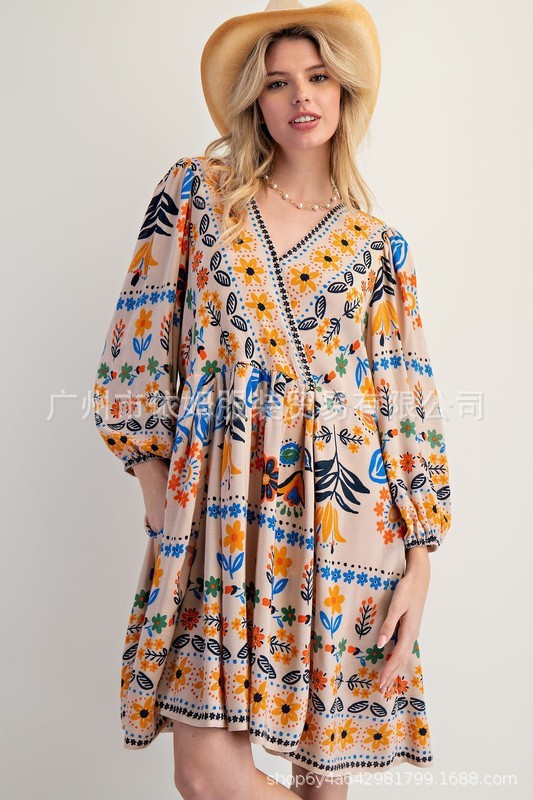 亚马逊25秋季新款跨境欧美女装印花V领宽松休闲短款长袖连衣裙女|undefined