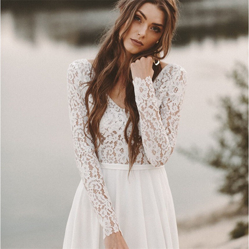 Foreign trade wedding dress, new forest-style design for brides, simple long-sleeved deep V-neck lace backless dress with a small train, soft tulle, slimming effect Foreign trade wedding dress, new forest-style design for brides, simple long-sleeved deep V-neck lace backless dress with a small train, soft tulle, slimming effect