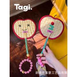 图片已实物为主苹果表情笑脸串珠编织可爱摇摇麦秸扇手工扇子