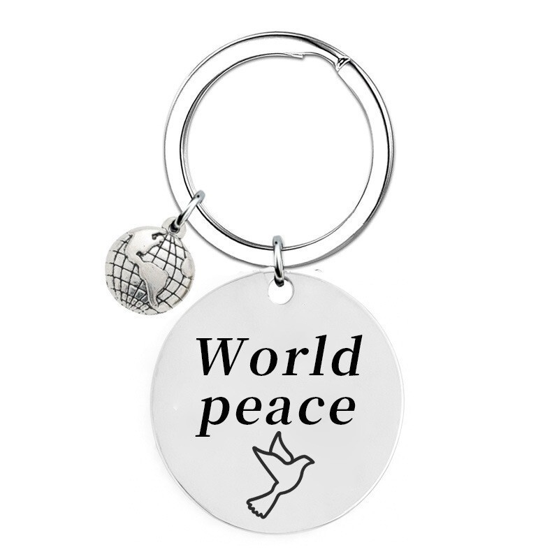World Peace Anti-War Slogan Stainless Steel Keychain Pendant Peace Dove Earth Pattern Gift Titanium Steel Can Be Engraved