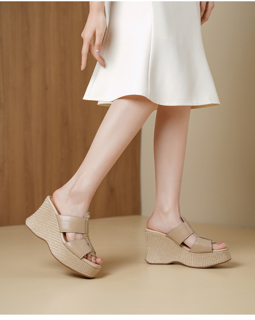 Sandal cao gót nữ hở mũi phong cách Bohemian đế xuồng đan dây — màu nâu, màu mơ chi tiết 3
