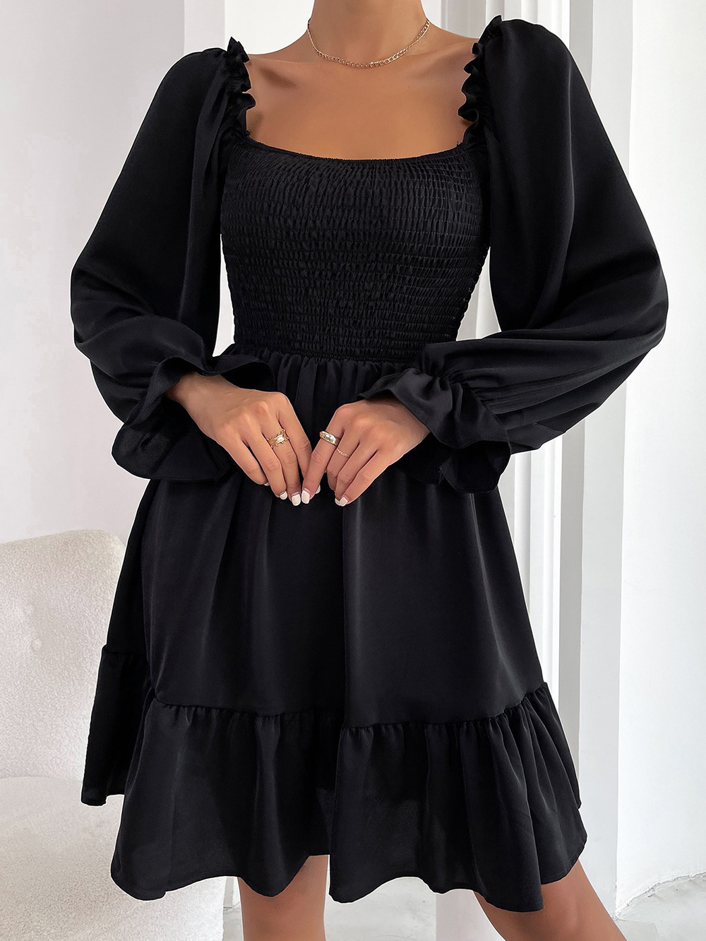 374g Weight Knee-Length Dress Length Type Long Sleeve Sleeve Length A-Line Skirt Dresses Type Flounce Sleeve Sleeve Type Polyester Fabric Type High Waist Waist Line Daily Occasion Square Neck Neckline Regular Fit Fit Type Solid Color Pattern Summer, Spring, Autumn Season Women'S Gender Ruffles Design Fashion Style Wholesale Women'S Fashion Ruffles Solid Color Daily Square Neck Long Sleeve A-Line Skirt 9