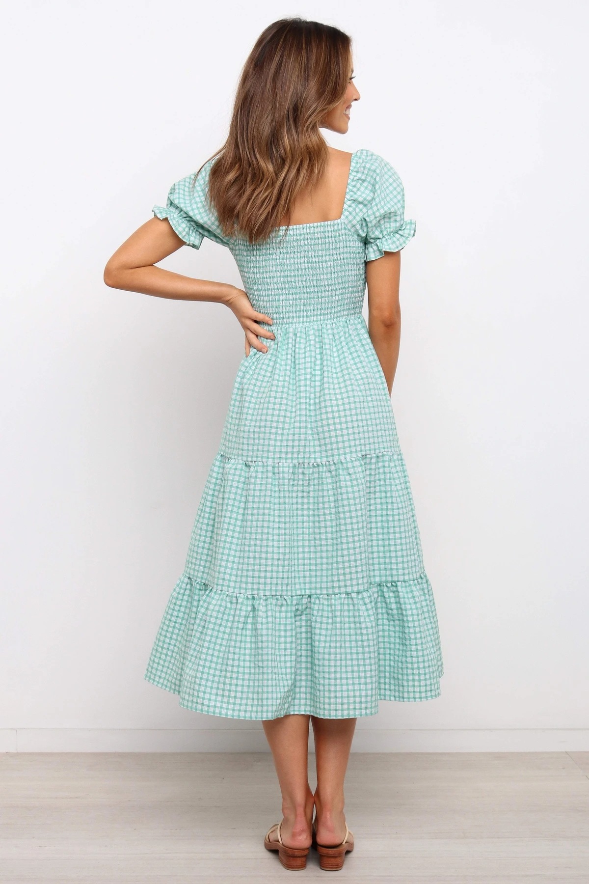 summer new style short-sleeved high-waist green slim plaid printed dress  NSYD25572