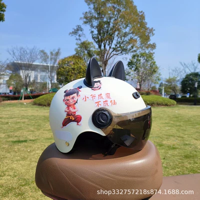 Motosiklet kaskı (dəbilqə) — Old Electric Vehicle Motorcycle Kidsren's - white-nezha-sunscreen-glasses-black-cat-ears-3c-children-2-6-years-old-j02