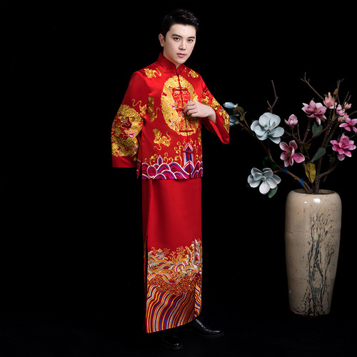 Men's  Chinese traditional style wedding party bridegroom dress dragon and phoenix gown for male stage performance Tang suit model show clothing