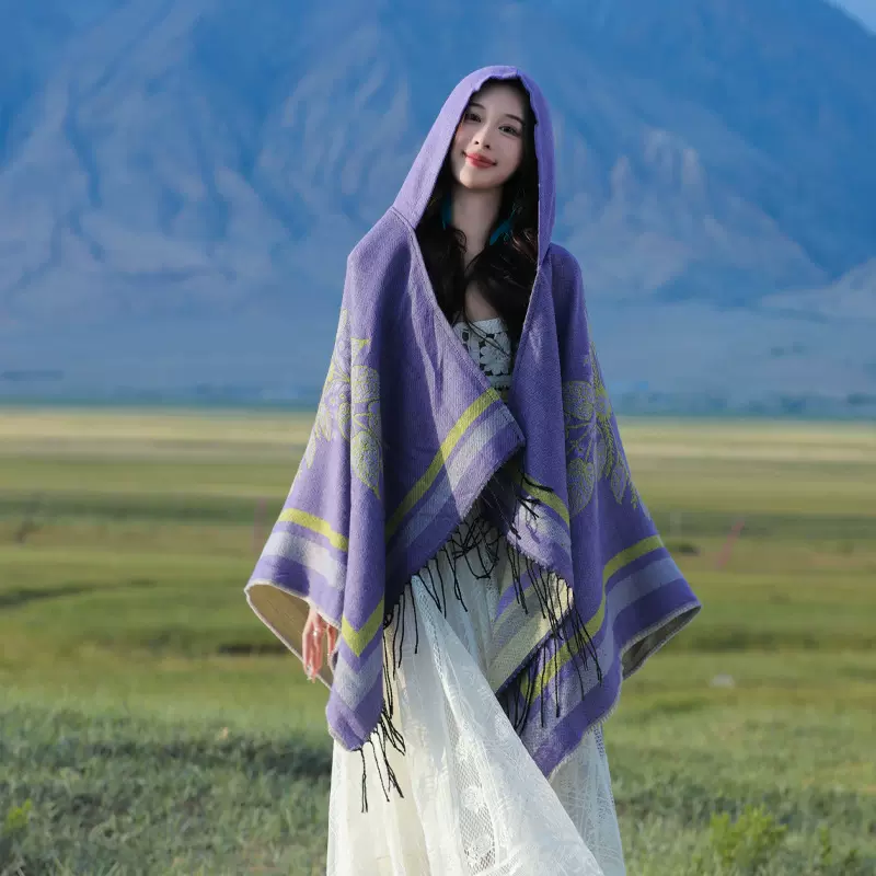新疆西藏大西北连帽斗篷大披肩民族风加厚保暖秋冬围巾披风女外搭