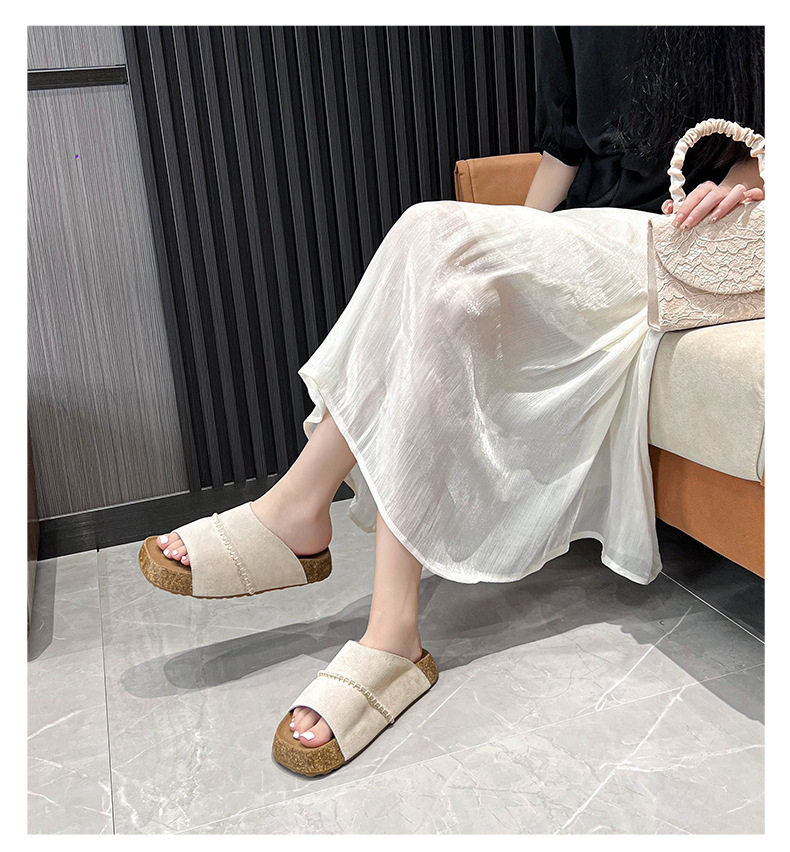 Dép sandal nữ quai ngang đế dày bằng gỗ bần, mũi vuông, đi ngoài trời — Màu khoai môn, Màu vàng gừng, Màu xám nhạt chi tiết 13