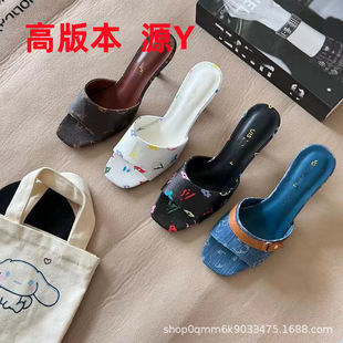L Family Joker Denim High Heel Sandals and Slippers Women's Donkey Family 2024 Summer New Letter Fashion Simple Casual Slippers