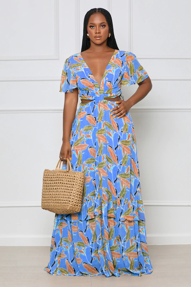 Printed Short Sleeve v neck backless large swing long Dress NSCYW134138