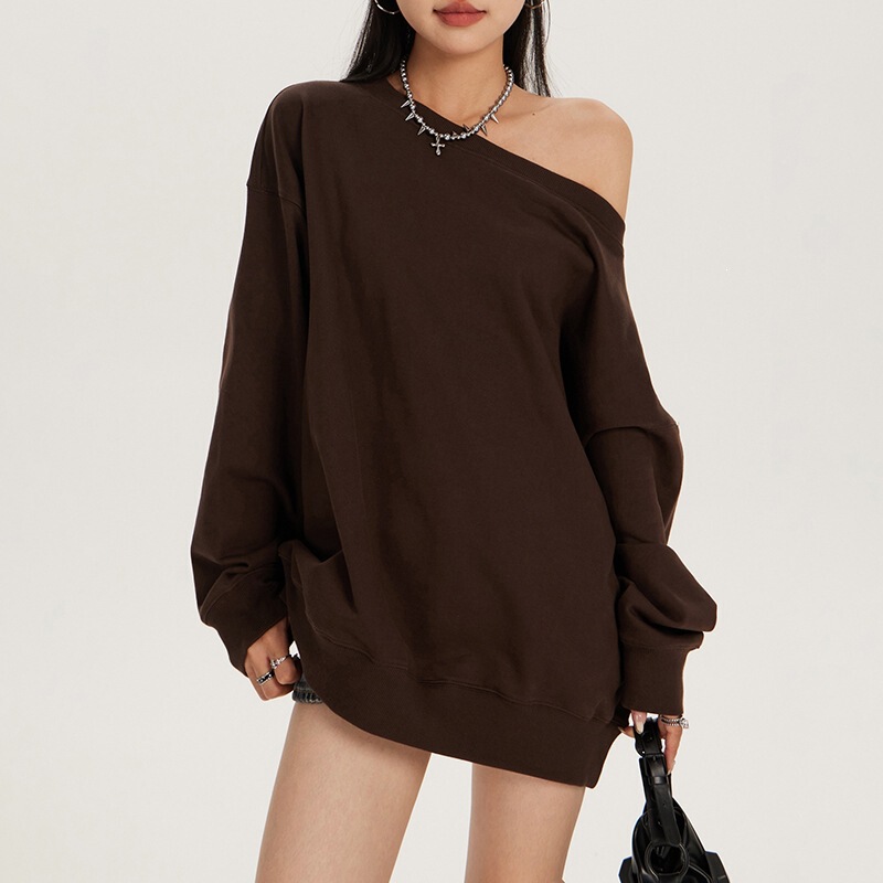 American-Style Off-Shoulder Versatile Pullover Sweatshirt, Spring and Summer Lazy Style, Off-Shoulder Long-Sleeve Top, Brown Versatile American-Style Off-Shoulder Versatile Pullover Sweatshirt, Spring and Summer Lazy Style, Off-Shoulder Long-Sleeve Top, Brown Versatile