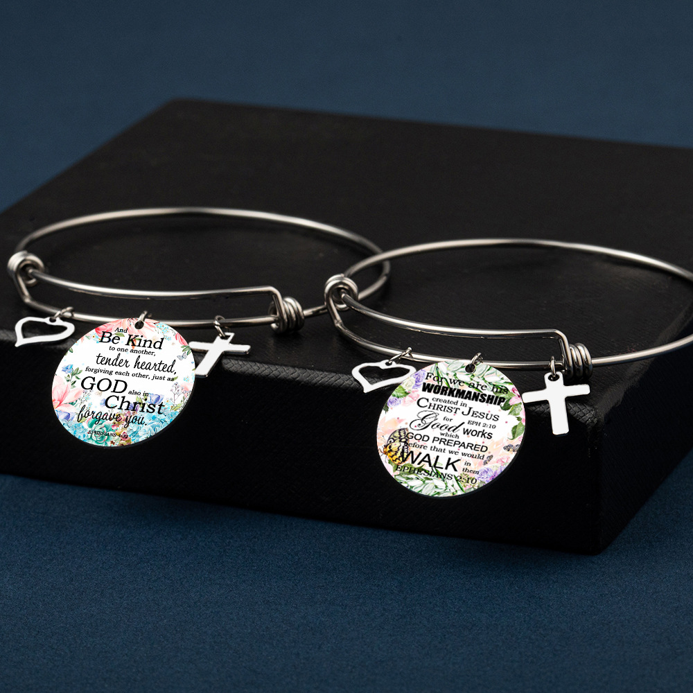 Retro Cross Round Letter Stainless Steel Bangle