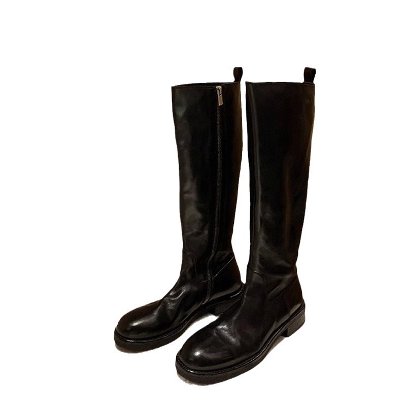 Uva mamá Nuevo estilo lavado caballo cuero grueso talón plataforma botas altas cremallera lateral simple adelgazamiento Knight botas para las mujeres