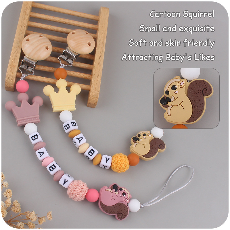 Nuevo bebé de dibujos animados animal ardilla pequeña mordedor creativo bebé DIY mordedura molar Cadena de pezón cadena anti-caída
