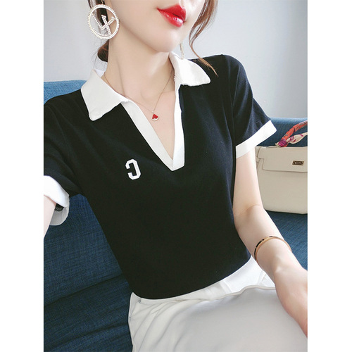 Plus-size women's polo shirts, regular shoulders, short-sleeved T-shirts, 2025 summer, slightly plump mm, hide belly, lose weight, V-neck tops