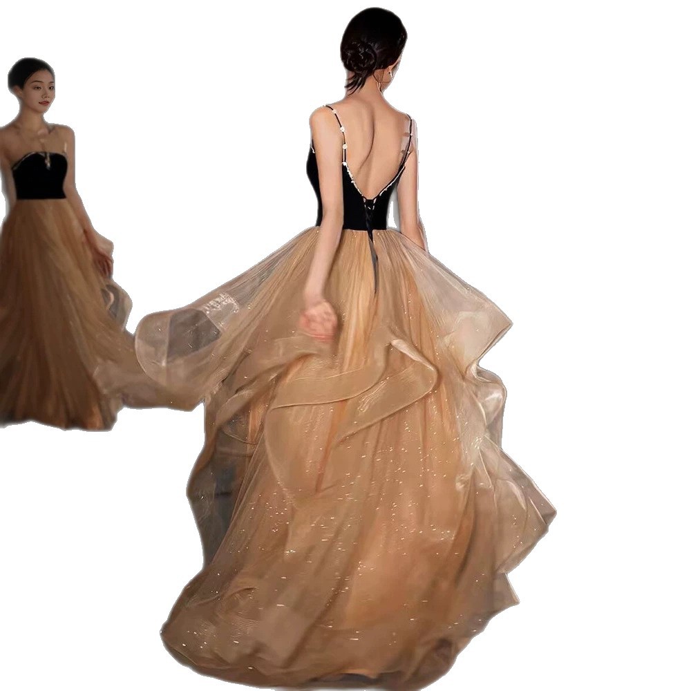 Đầm dạ hội nữ dáng ôm, cổ yếm, thiết kế pháp thanh lịch, tay không, dài chạm gót — Đen