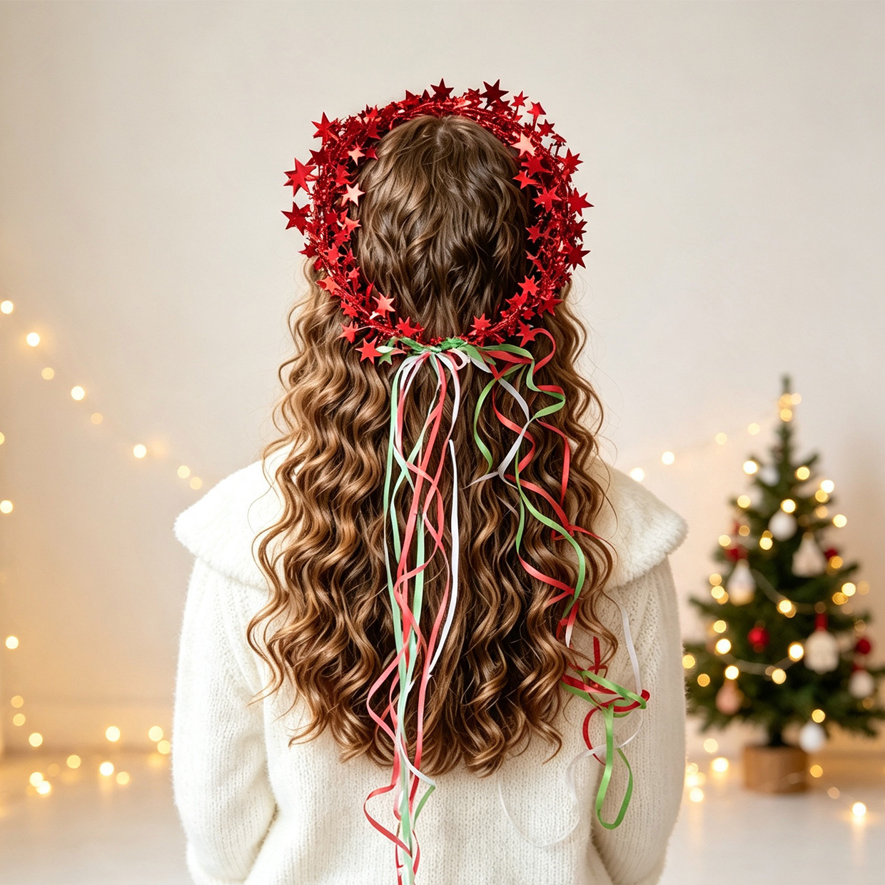 Cross-border Christmas pentagram glitter ribbon garland holiday party photo hair accessory fairy atmosphere headpiece
