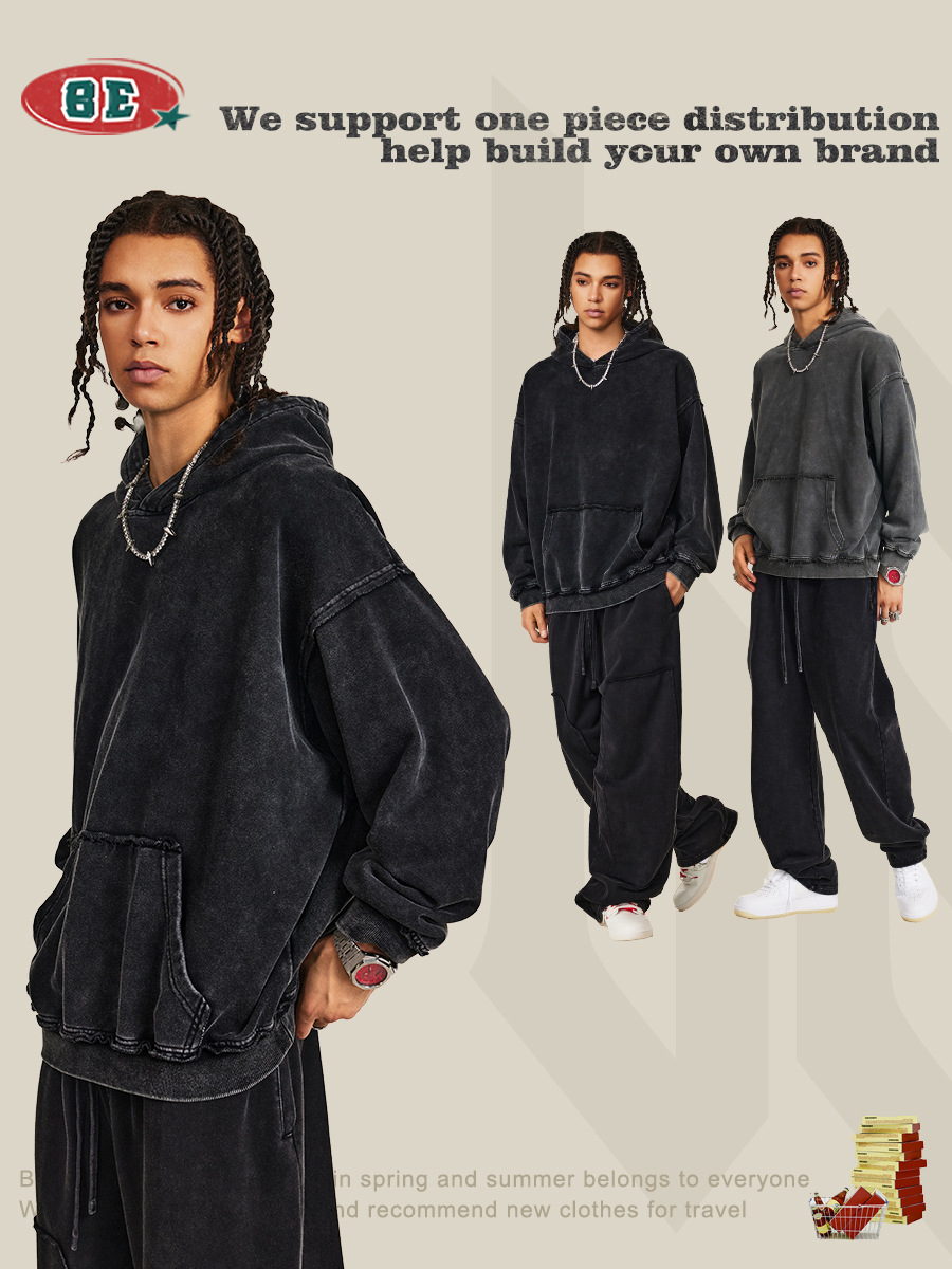Be Hombres| 2025 otoño calle alta 410G sudadera encapuchada bordes sueltos vibe batítico suelta camisa con sombrera para hombres y mujeres