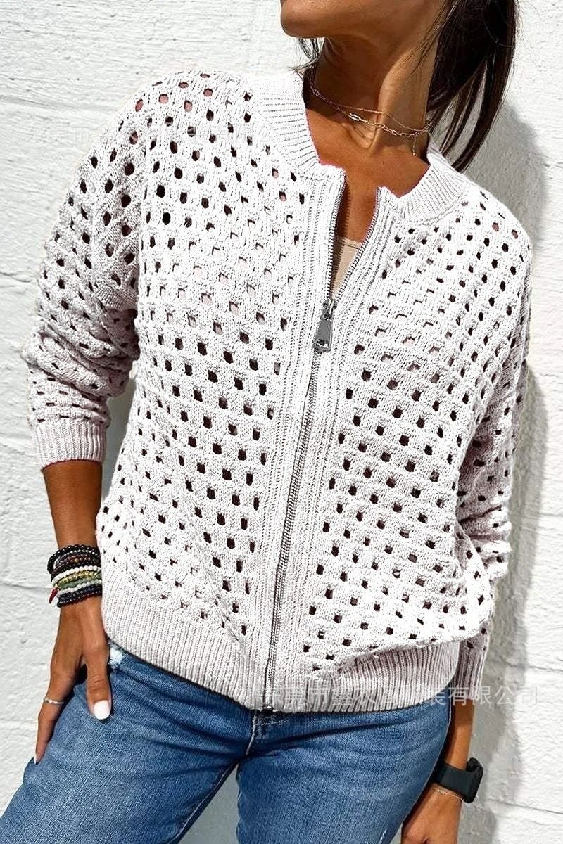 2026 nueva estación independiente de Amazon Europa y Estados Unidos ropa de mujer casual jersey hueco chaqueta con cremallera de punto chaqueta de mujer