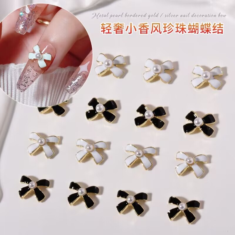 Tweed Style Manicure Jewelry Pearl Bow Simple Black and White French Nail Diamond Alloy Decoration Popular New Style Tweed Style Manicure Jewelry Pearl Bow Simple Black and White French Nail Diamond Alloy Decoration Popular New Style