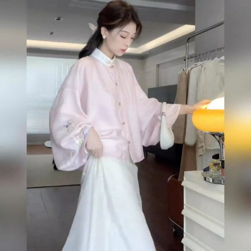 大码胖新中式国风套装改良汉服上衣新款女衬衫马甲半身裙三件套|undefined