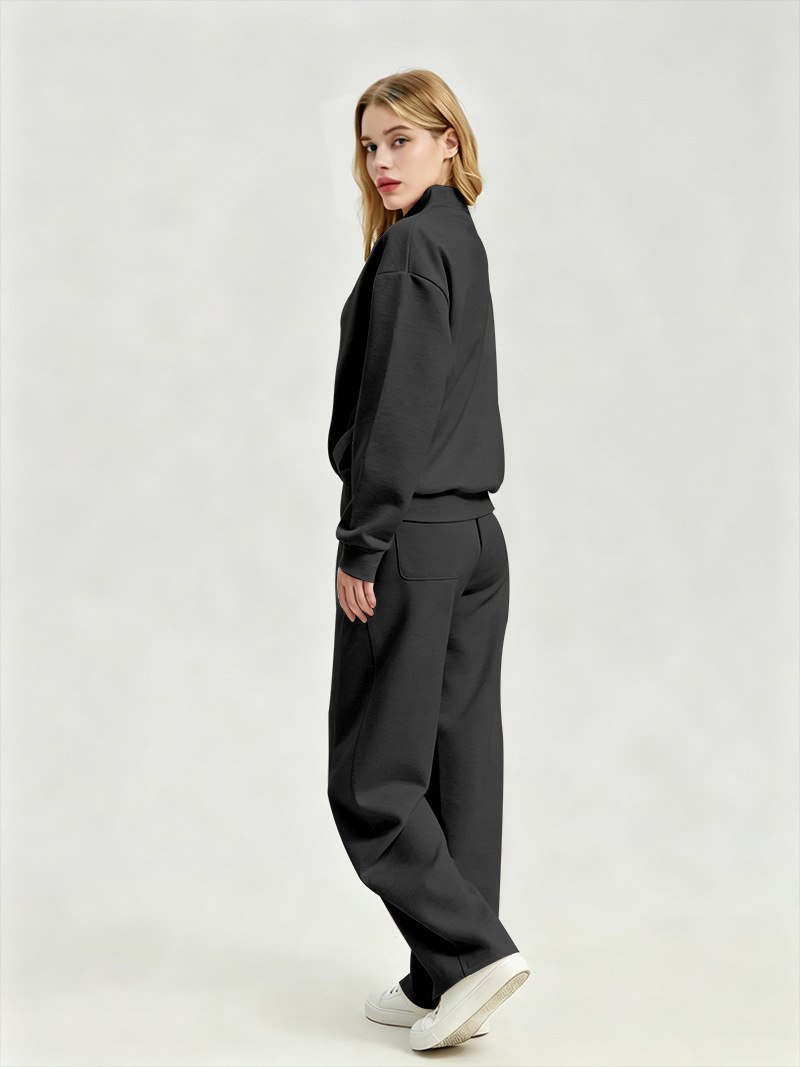 Women's Clothing Women's Fashionable Long Sleeved Sweatshirt Casual Trousers Set Style Autumn Half Open Collar Solid Color Loose Fit_ecoleips.com