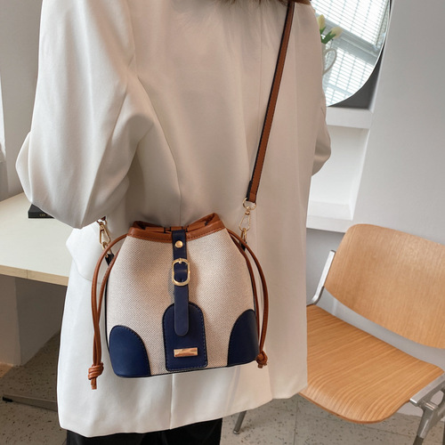 Contrast color bucket bag for women summer new trendy fashion shoulder bag canvas stitching Korean textured crossbody bag