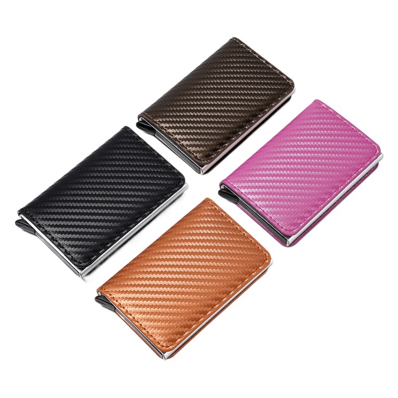 De fibra de carbono de pop-up automático titular de la tarjeta de la PU caja de la tarjeta de la cartera RFID antirrobo anti-Escaneo de aluminio de metal de aluminio titular de la tarjeta